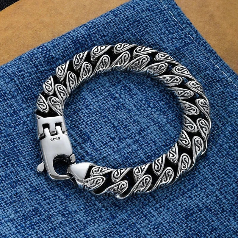 Real S925 Sterling Silver personality Tang grass pattern men's and women's retro hip Hop bracelet fashion certified jewelry gift