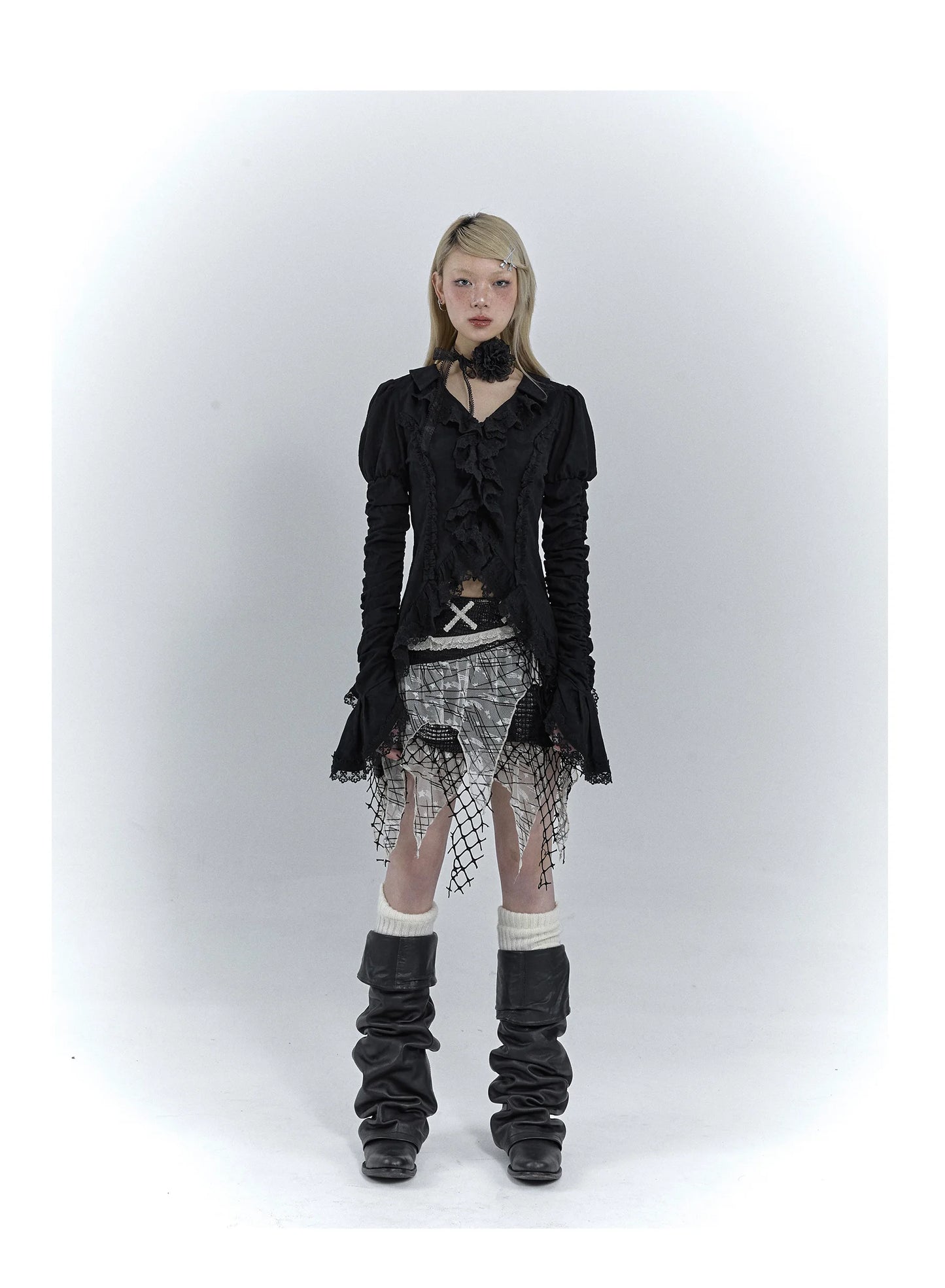 Karrcat Gothic Black Lace Shirt Dark Aesthetic Irregular Blouses Yamamoto Style Grunge Flare Sleeve V-neck Shirt Vintage Y2k Emo