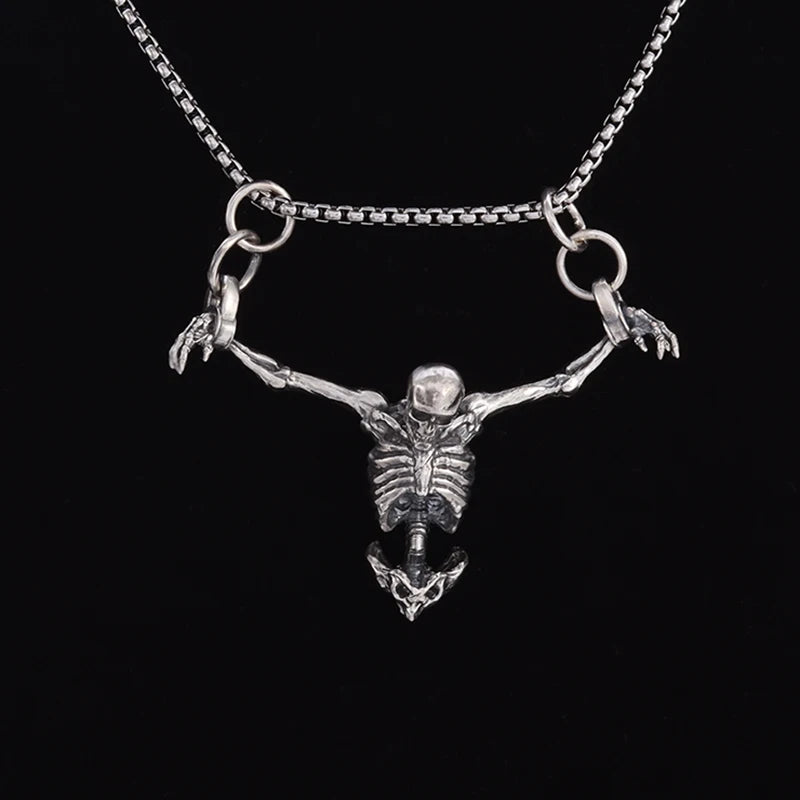 New Silver Color Upper Body Skull Pendant Men\'s Biker Punk Necklace Gothic Alternative Casual Jewelry