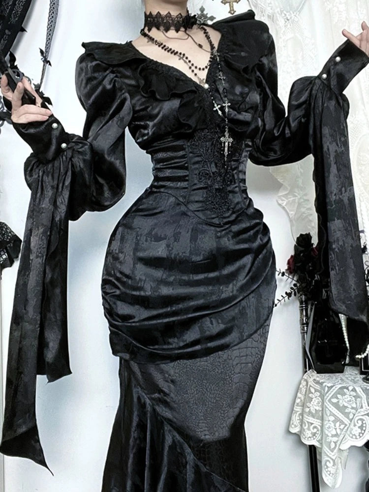 AltGoth Vintage Gothic Black Shirts Women Palace Style Streetwear Y2k E-girl Harajuku V-neck Ruffle Long Sleeve Bluose Cosplay