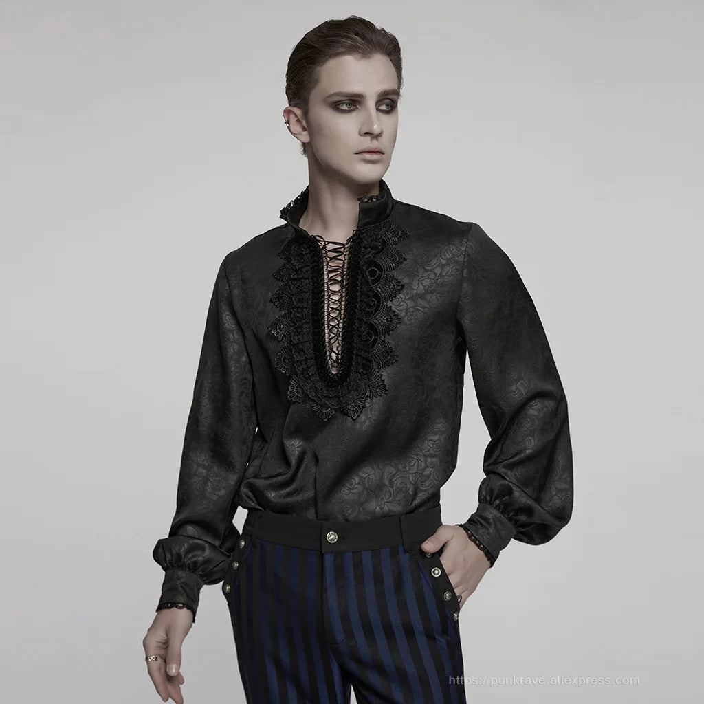 PUNK RAVE Men's Goth Stand Up Collar Dark Rose Patterned Shirt Elegant Lace Front Drawstring Design Exquisite Feeling Tops Coven Couture Collective