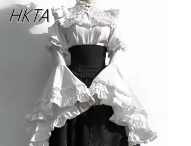 Gothic Shirt Y2k Top Lolita Girls Ruffle Umbrella Skirt High Waist Oversized Long Skirt Horn Long Sleeve Student Elegant Blouse