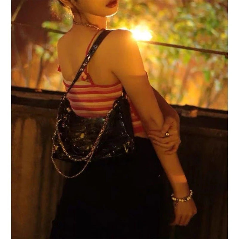 Gothic Dark Punk Underarm Bag With Skull Shoulder Bag Y2k Chain Crocodile Pattern Crossbody Bag Korean Popular Aesthetic Bags