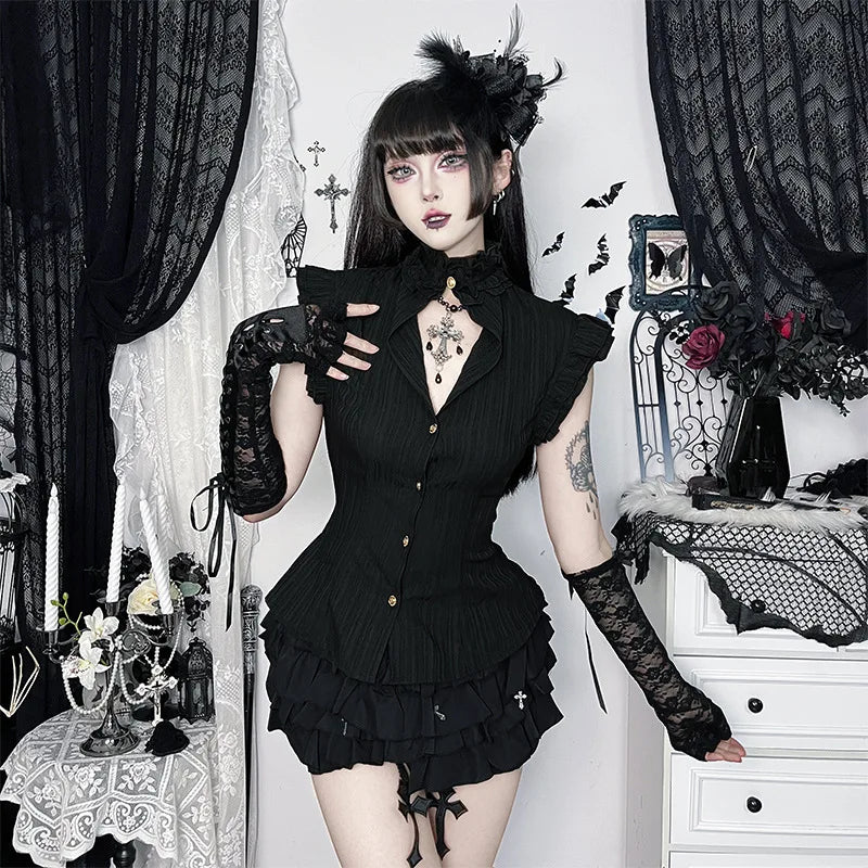 Goth Dark 90s Grunge Single Breasted Slim Wasit Shirt Blouses Women Alt Teachwear Mall Gothic Stringy Selvedge Sleeveless Shirts