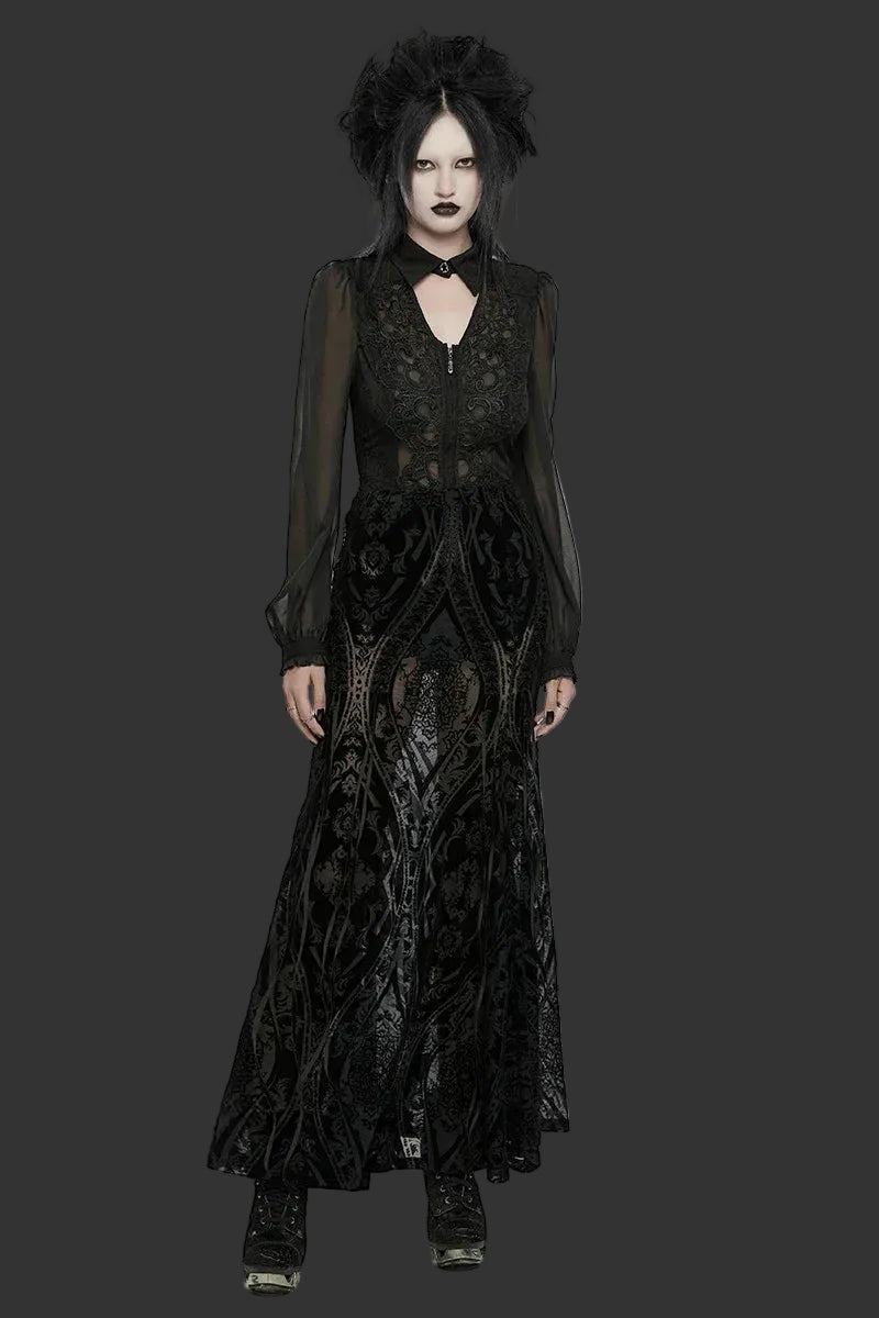 PUNK RAVE Women's Gothic Gorgeous Pattern Patterned Flocked Mesh Skirt Lace Vintage Black Long Skirts Women Clothing Coven Couture Collective