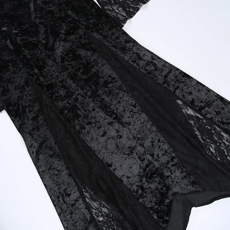 Goth Dark Elegant Mall Gothic Women Evening Dresses Grunge Aesthetic E-girl Velvet Midi Dress Lace Splice Sexy Split Alt Outfits
