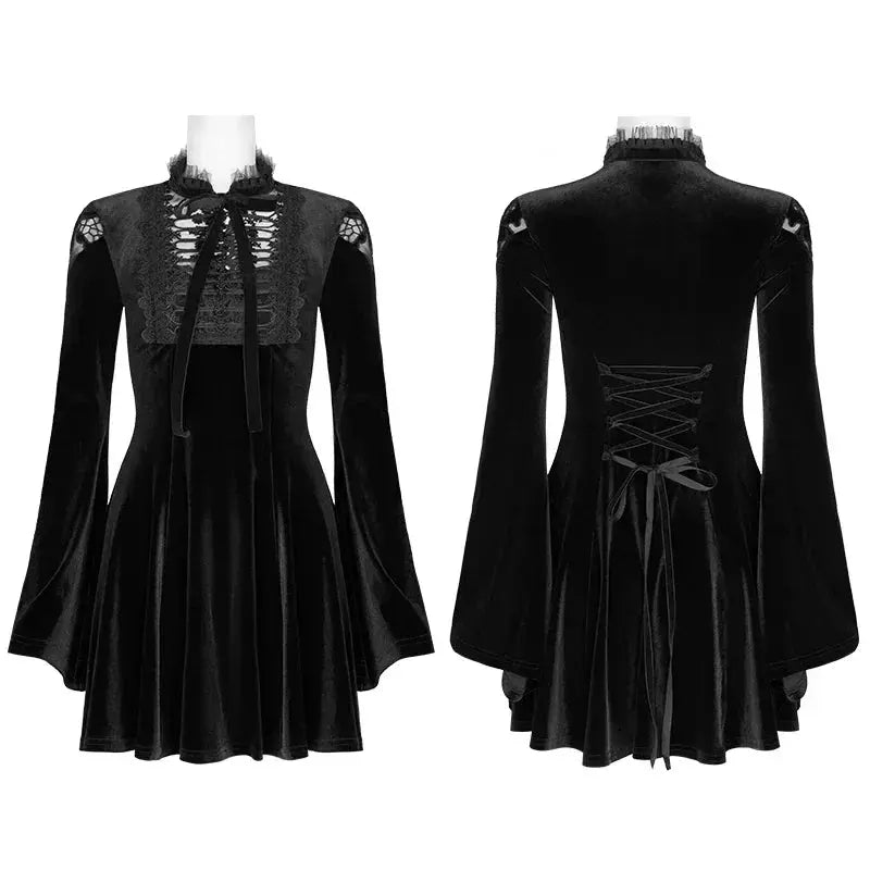 PUNK RAVE Women's Gothic Daily Dress Gorgeous Retro Knitted Velvet Lace-up Lace Collar Micro-horn Cuffs Party Dinner Dresses Coven Couture Collective