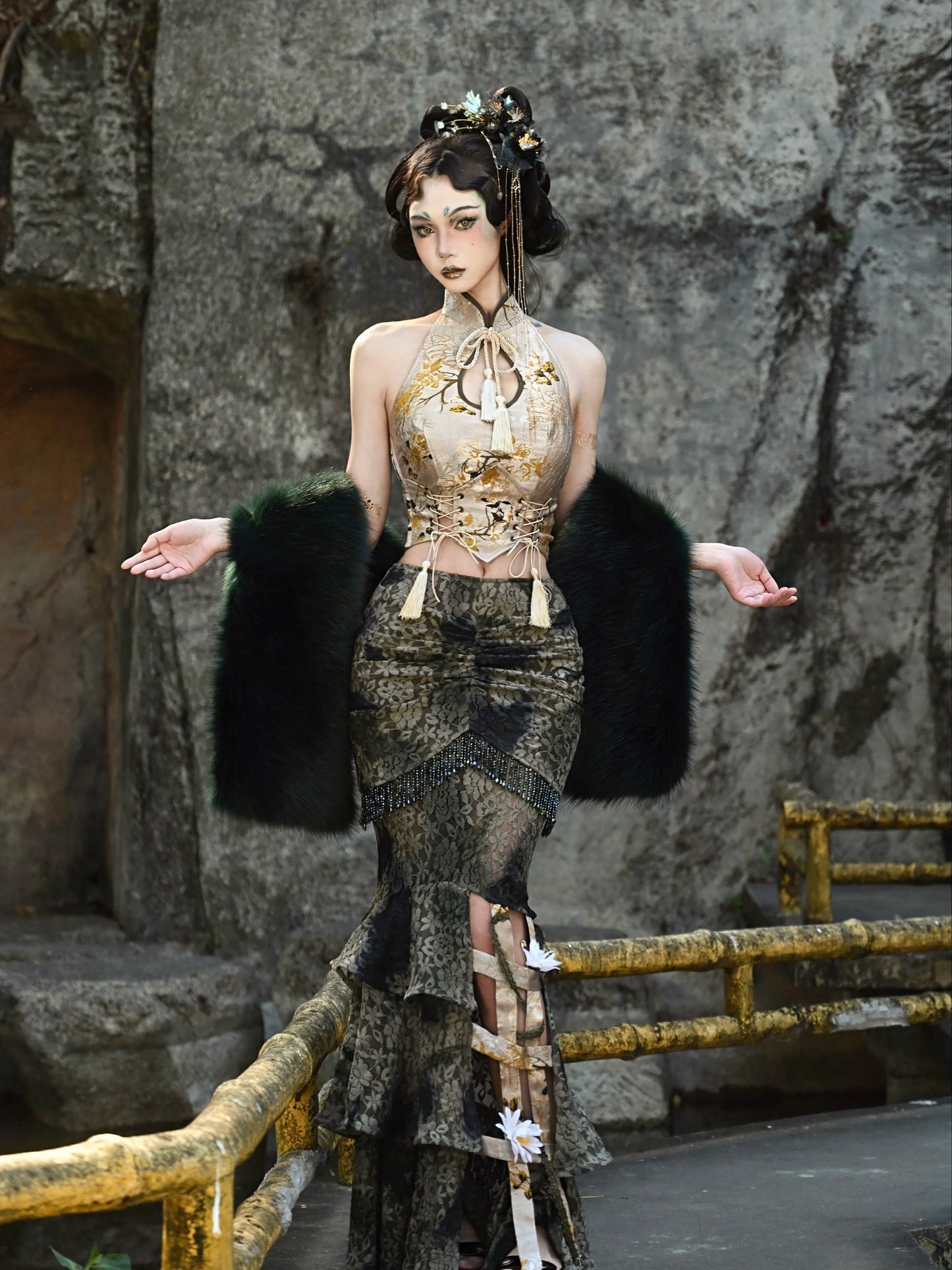 Blood Supply Women Tie Dyed Lace Trumpet Skirt Ruffles Tassels High Slit Gothic Bohemian Slim Fit Fish Tail Bird Cage Skirts