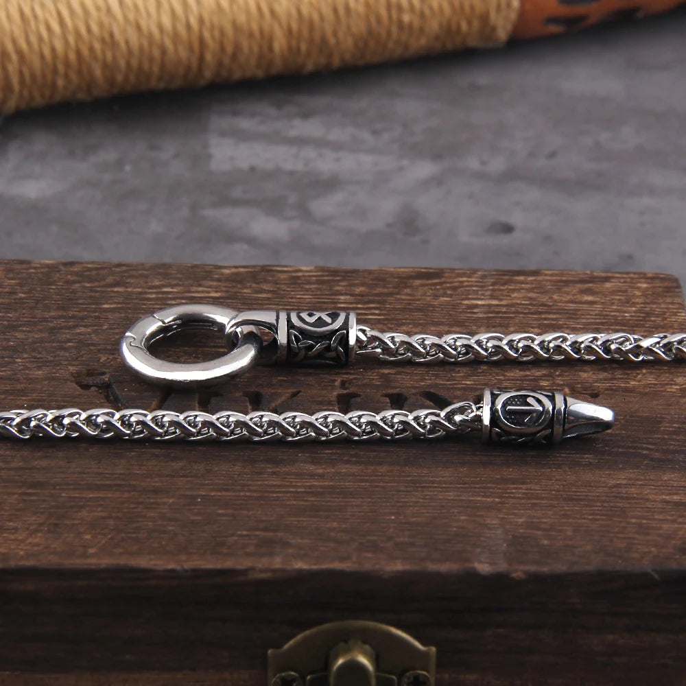 Nordic Viking Rune Pendant Necklace with Open round Clasp Stainless Steel Chain for Men Wood Box Included