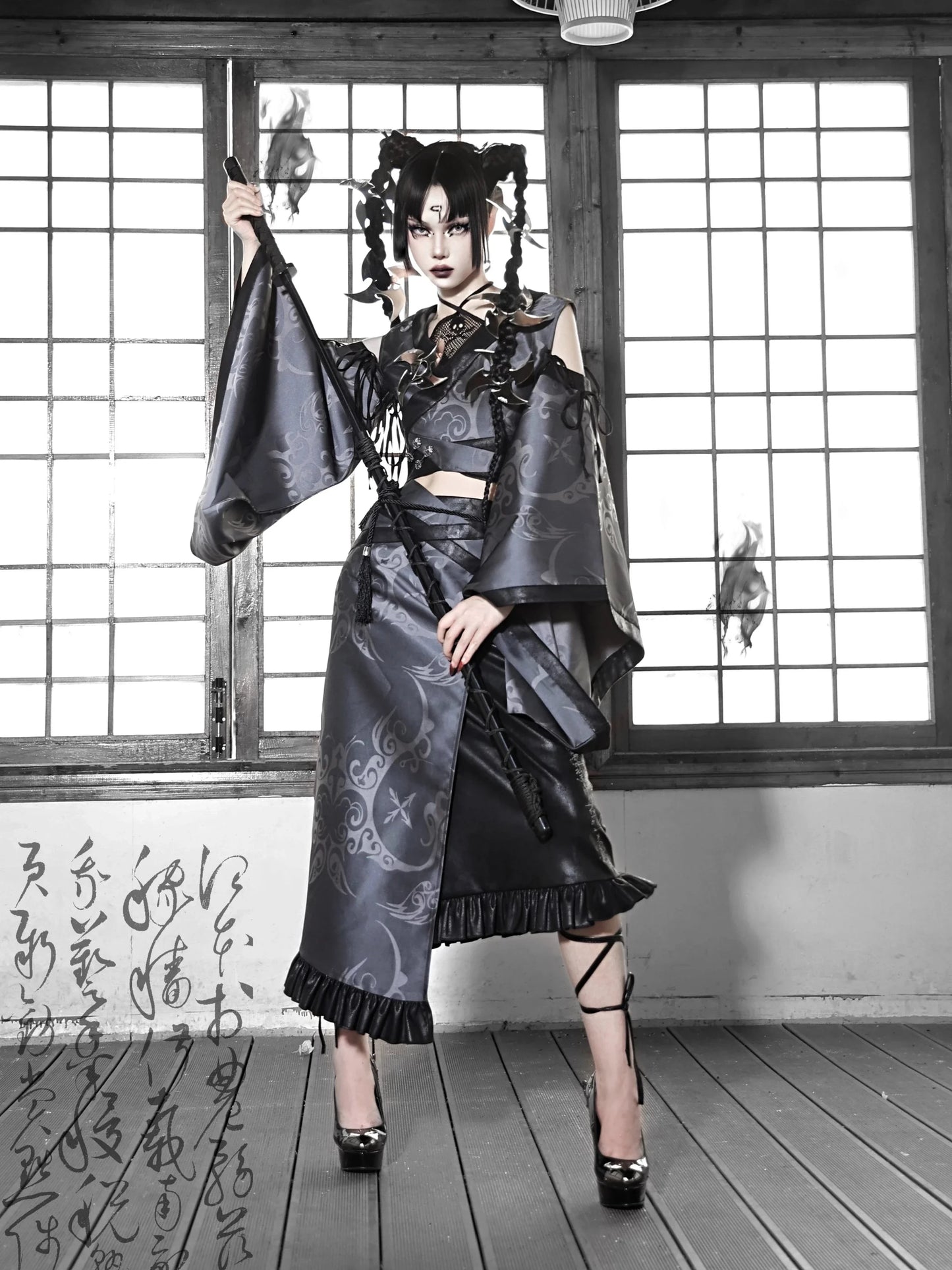 Blood Supply Original Kimono Design Japanese Furisode Sleeve Hollow Out Top Jacquard Dark Goth Suede Halloween Mesh Top Blouse