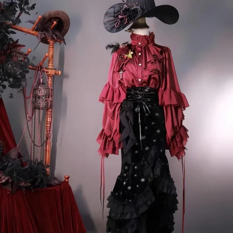 Lolita Gothic Dark Academia Clothes Loose Long Sleeve Shirt Women Stand Collar Ruffles Patchwork Blusas De Mujer