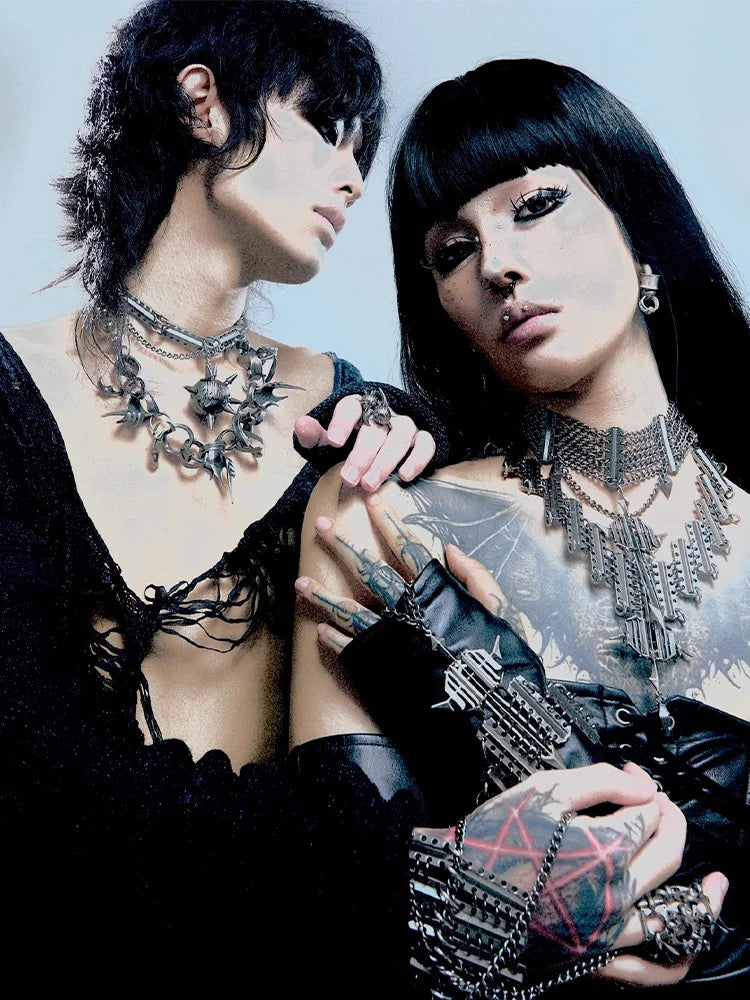 Gothic Cross Chain Jewellery Set for Women Men, Punk Statement Necklaces Rings Accessories, Edgy Party Jewellery Collection