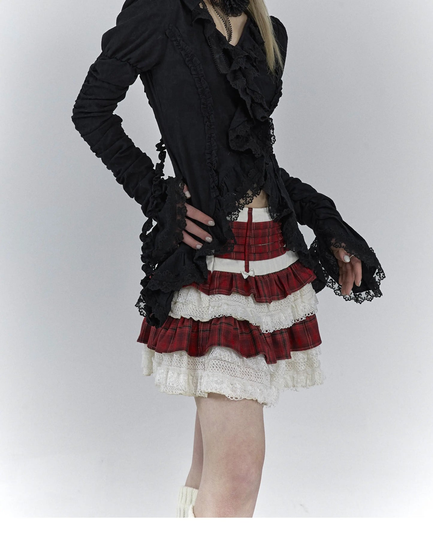 Karrcat Gothic Black Lace Shirt Dark Aesthetic Irregular Blouses Yamamoto Style Grunge Flare Sleeve V-neck Shirt Vintage Y2k Emo