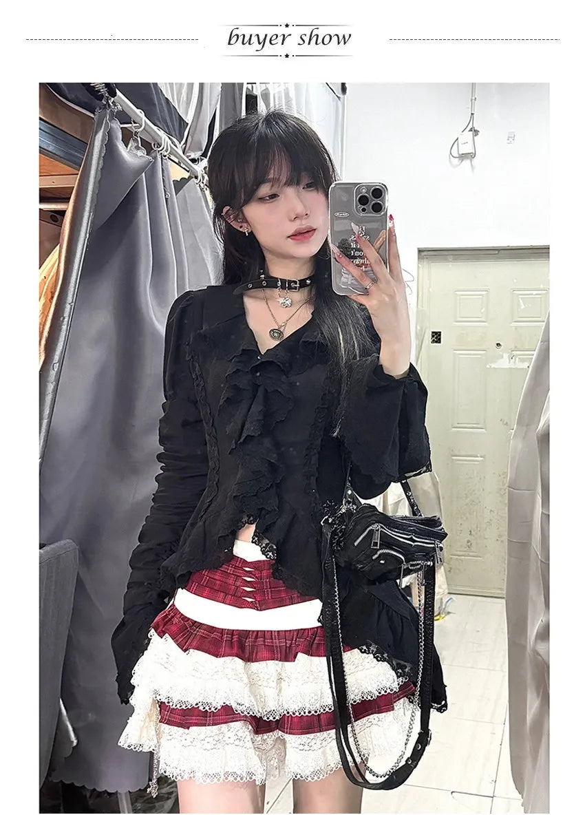 Karrcat Gothic Black Lace Shirt Dark Aesthetic Irregular Blouses Yamamoto Style Grunge Flare Sleeve V-neck Shirt Vintage Y2k Emo