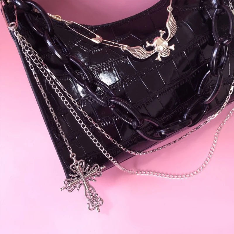 Gothic Dark Punk Underarm Bag With Skull Shoulder Bag Y2k Chain Crocodile Pattern Crossbody Bag Korean Popular Aesthetic Bags