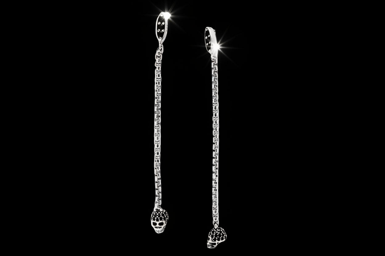Women's Punk Skull Long Earring with Black Stone 925 Sterling Silver High-Quality Fine Jewellery Eye-Catching Drop Earrings