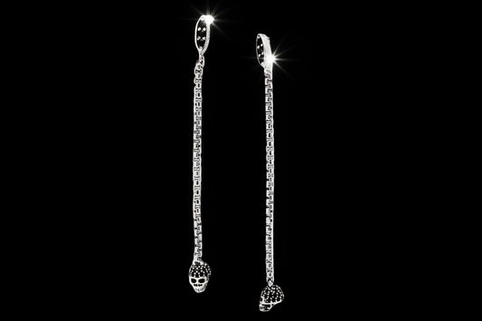 Women's Punk Skull Long Earring with Black Stone 925 Sterling Silver High-Quality Fine Jewellery Eye-Catching Drop Earrings