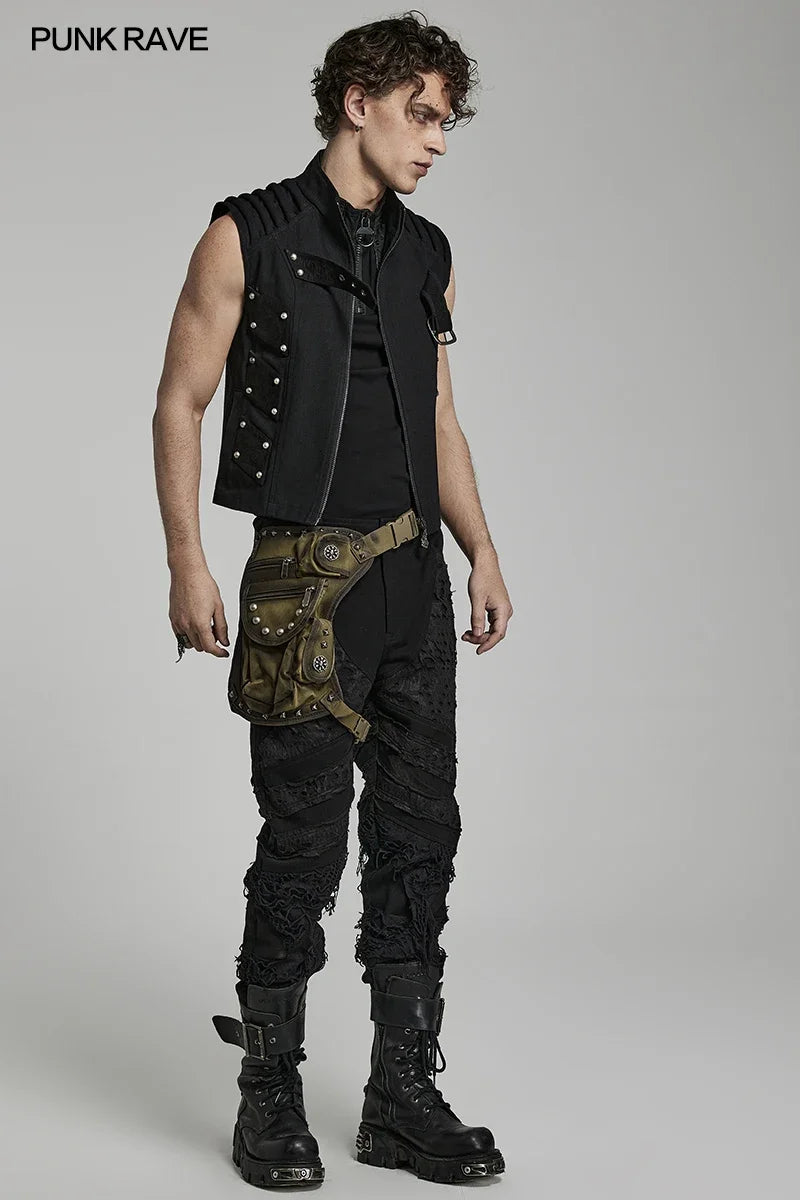 PUNK RAVE Men's Punk Doomsday Irregular Shape Rivets Personalized Bag Webbing Can Adjust Tightness Men Accessories