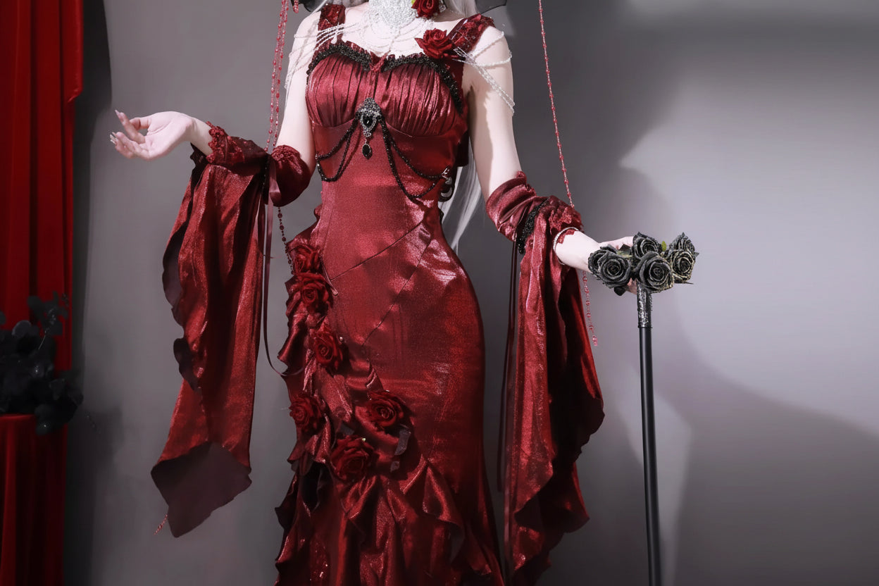 Red Rose Lolita Slimming Long Asymmetrical Fishtail Dress Coven Couture Collective