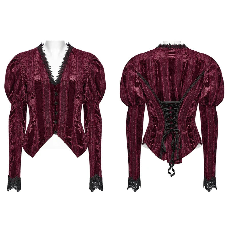 PUNK RAVE Women's Lace Embroidered Velvet Classic Gigot Sleeves Shirt  Retro Layering Adjustable Rope Sexy Slim Tops Coven Couture Collective