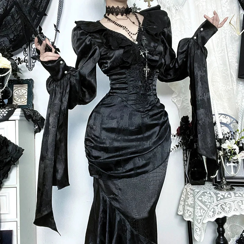 AltGoth Vintage Gothic Black Shirts Women Palace Style Streetwear Y2k E-girl Harajuku V-neck Ruffle Long Sleeve Bluose Cosplay