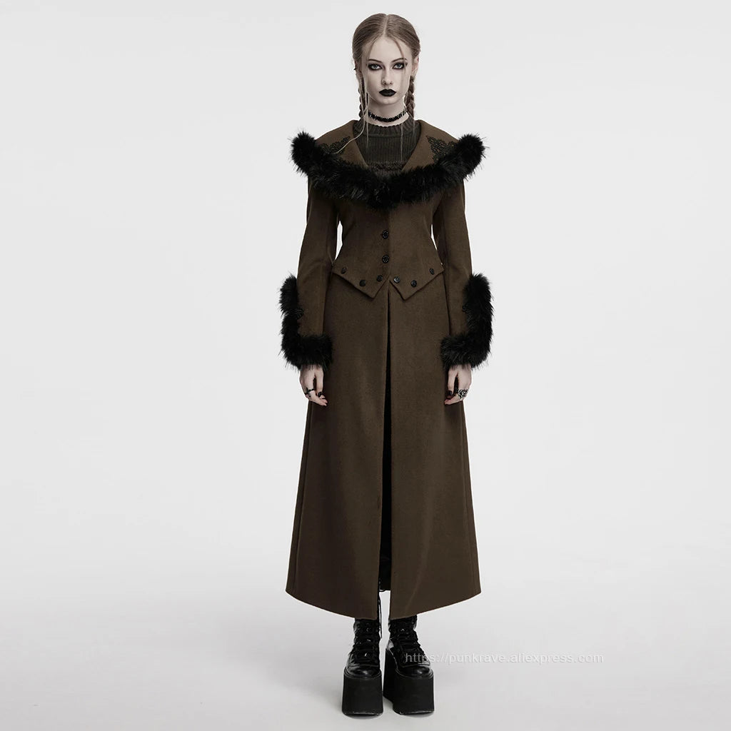 PUNK RAVE Women's Detachable Fur Collar & Hem Two-piece Jacket Gothic Atmosphere Adjustable Waist Long Coat Fall Winter