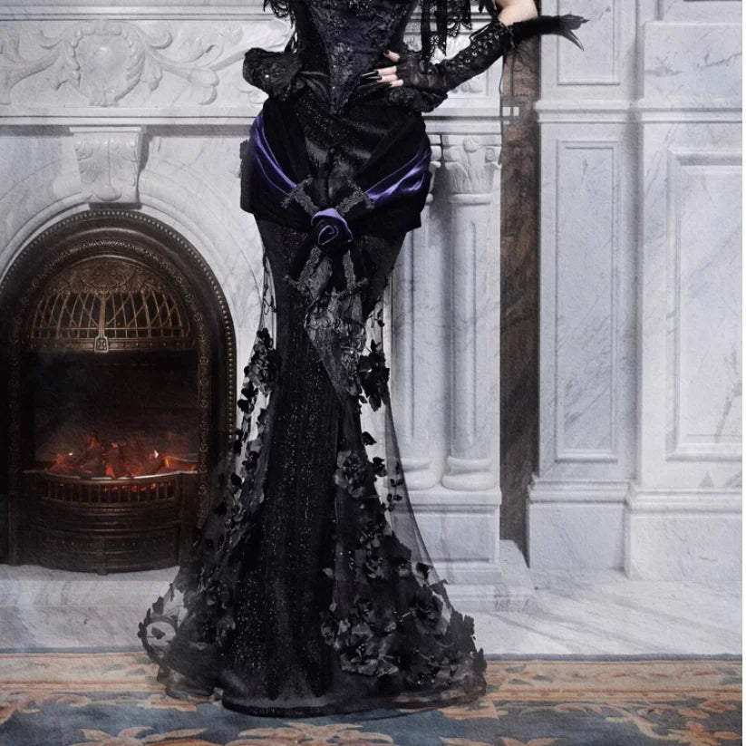 Blood Supply Original Design Gothic Luxury Embroid Mesh Patch Trumpet Skirt Rose X-long Halloween Velour Skirts Jupe Autumn