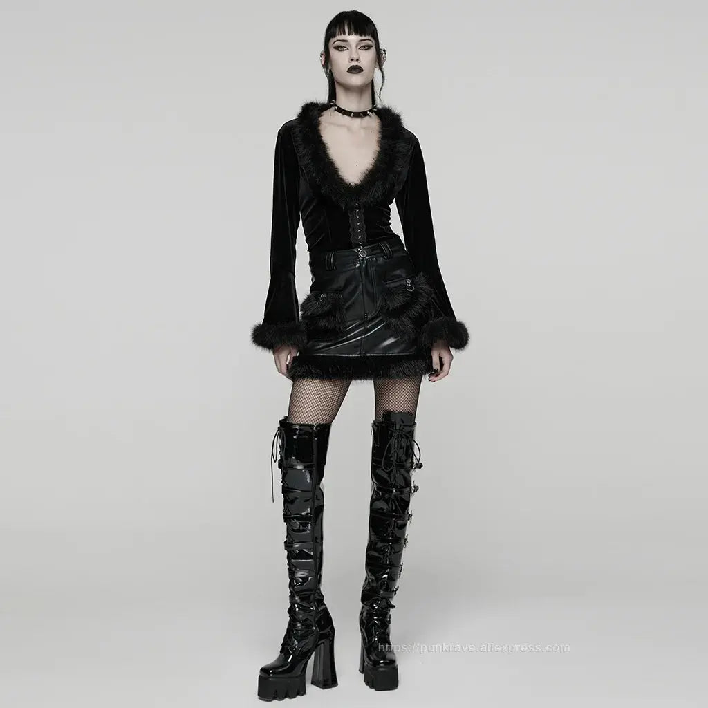 PUNK RAVE Women's Gothic Sunny Velvet Furry V-neck Cardigan Split Flared Sleeves Elegant Charm Women Sexy Dark Tops Shirts Coven Couture Collective