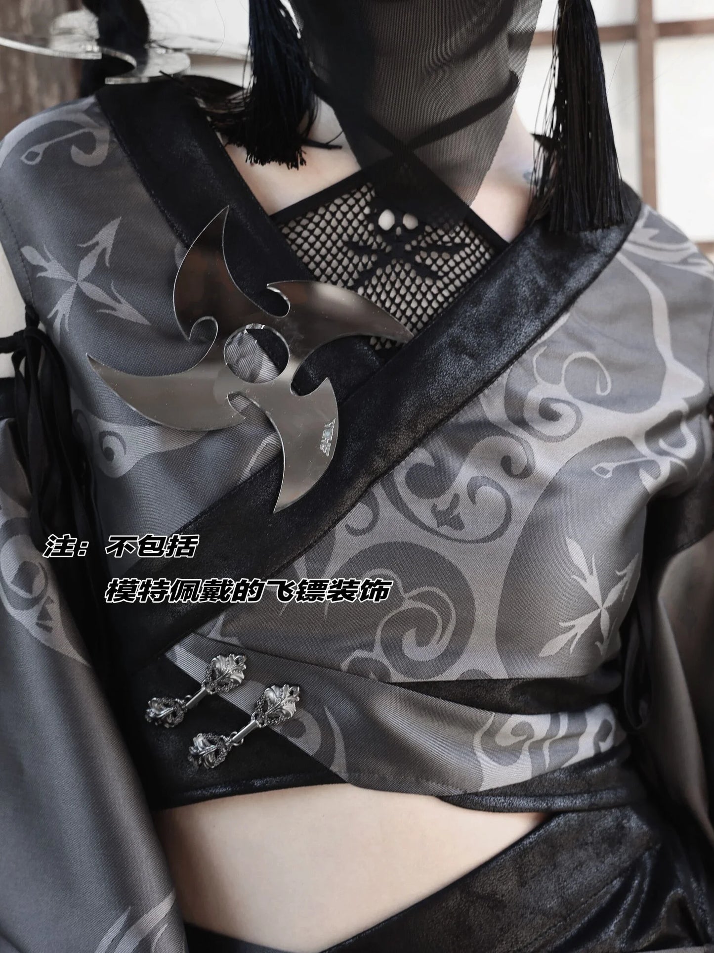 Blood Supply Original Kimono Design Japanese Furisode Sleeve Hollow Out Top Jacquard Dark Goth Suede Halloween Mesh Top Blouse