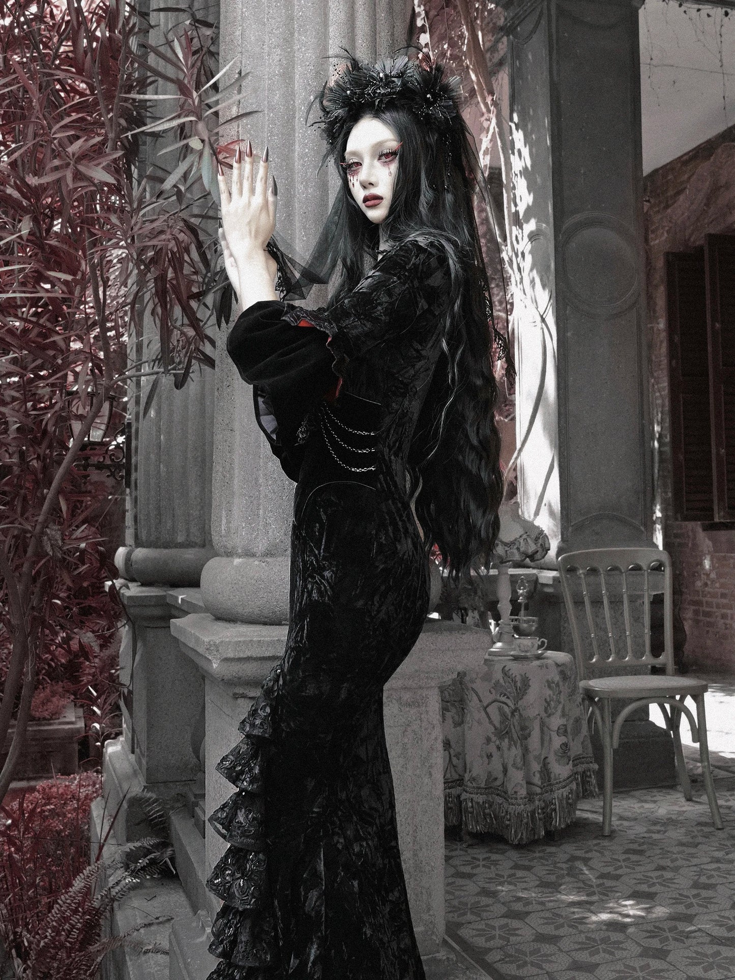 Blood Supply Original Design Bloody Red Black Gothic Velvet Tube Strapless Dress Trumpet Long Slim Party Vestido Halloween