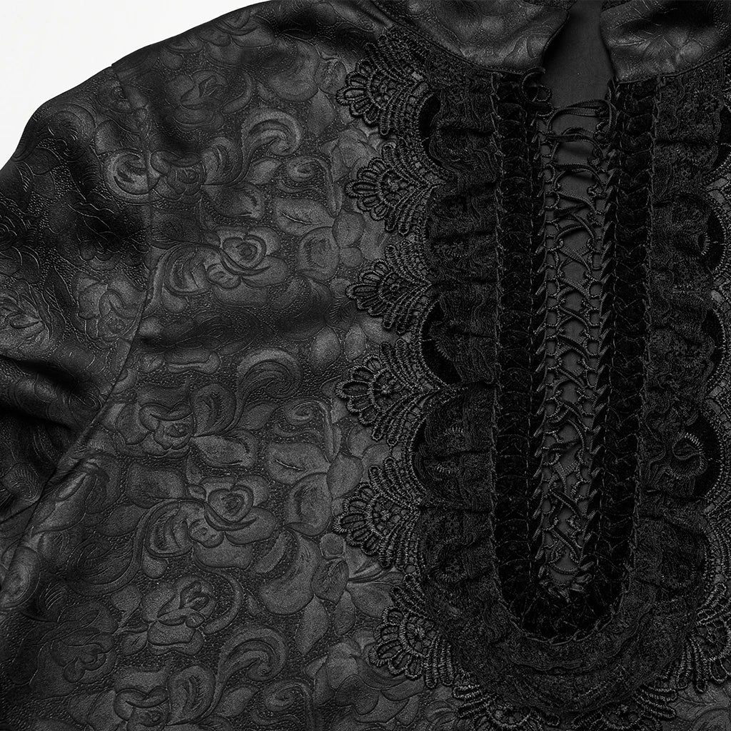 PUNK RAVE Men's Goth Stand Up Collar Dark Rose Patterned Shirt Elegant Lace Front Drawstring Design Exquisite Feeling Tops Coven Couture Collective