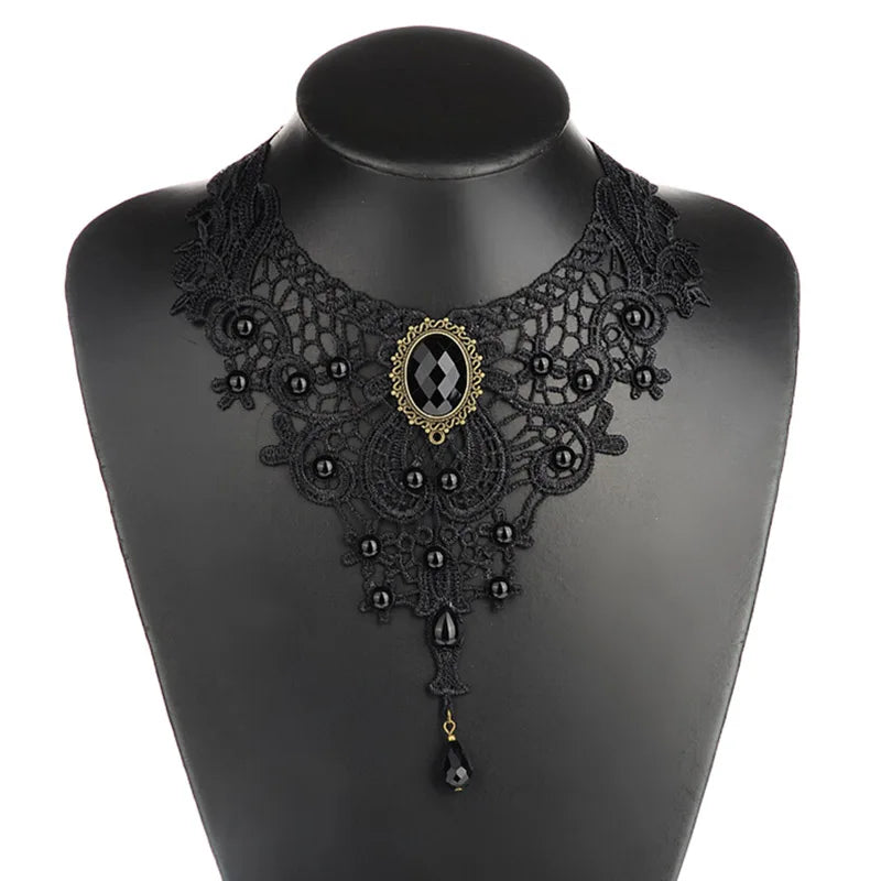 1PC Gothic Collar Necklace Black Beaded Sexy Lace Neck Choker Vintage Tassel Chain Women Steampunk Halloween Jewelry Gift