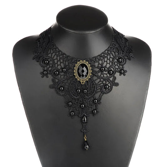 1PC Gothic Collar Necklace Black Beaded Sexy Lace Neck Choker Vintage Tassel Chain Women Steampunk Halloween Jewelry Gift