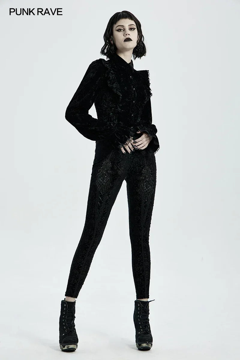 PUNK RAVE Women's Gothic Palace Retro Burn Out Flower Leggings Daily Wear Adjustable Elastic Band Skinny Delicate Pencil Pants