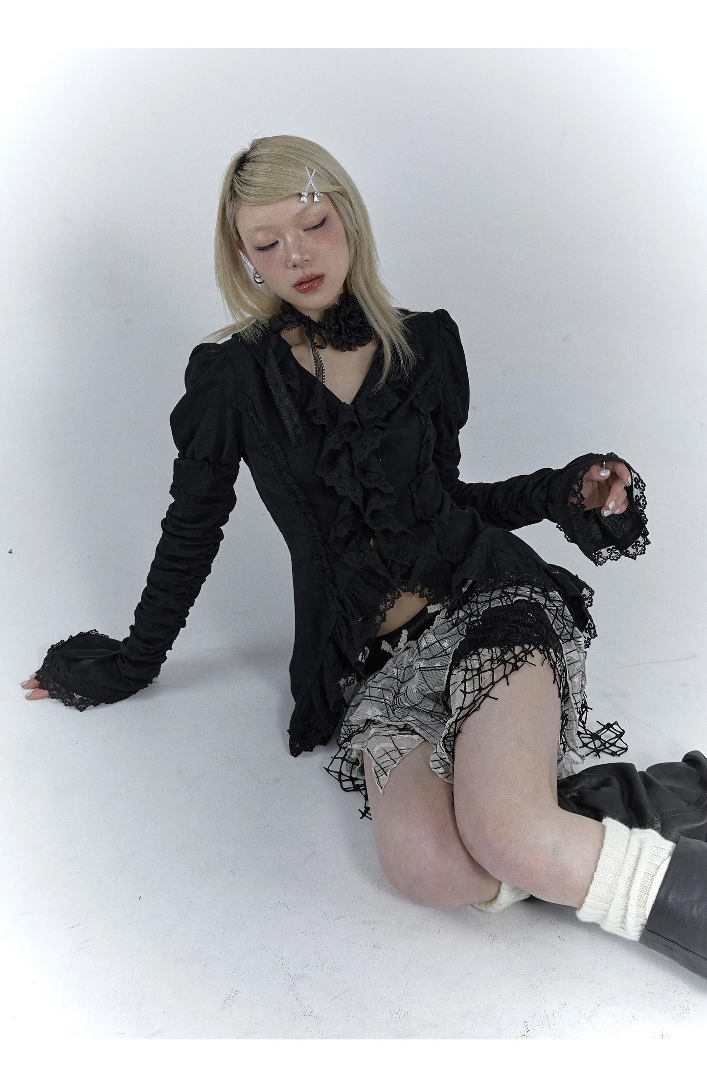 Karrcat Gothic Black Lace Shirt Dark Aesthetic Irregular Blouses Yamamoto Style Grunge Flare Sleeve V-neck Shirt Vintage Y2k Emo