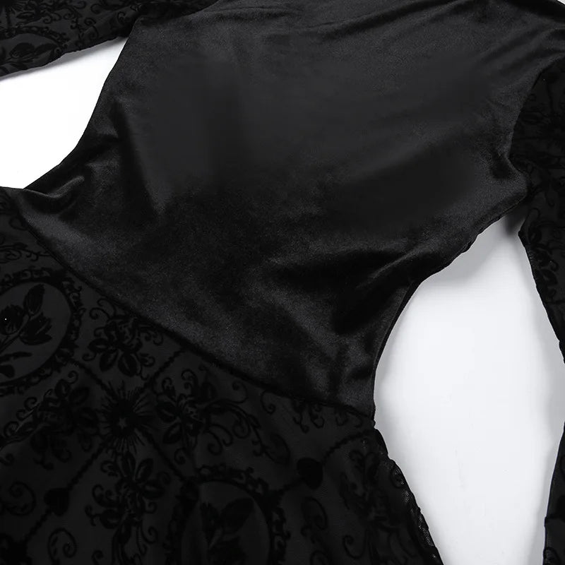 Goth Dark Elegant Vintage Mall Gothic Velvet Dresses Grunge Punk Style Flocked Bandage Dress Women Flare Sleeve Party Alt Outfit