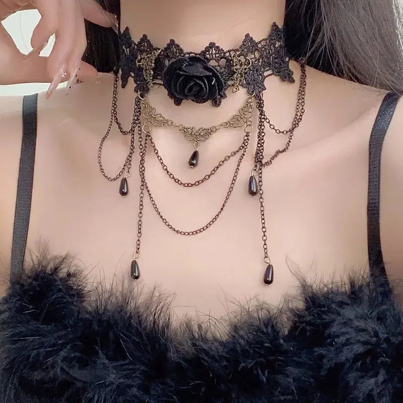 Trendy Black Lace Necklace Flower Tassel Choker Necklace for Women Punk Gothic Halloween Chocker Jewelry Collar Accessories Coven Couture Collective