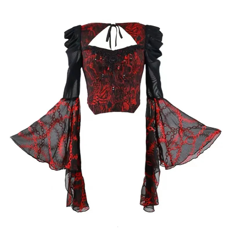 Blood Supply Original Gothic Red Black Rose Embroid Lace Long Flying Sleeve Blouse Hollow Out Halloween Mesh Punk Blusa Summer Coven Couture Collective