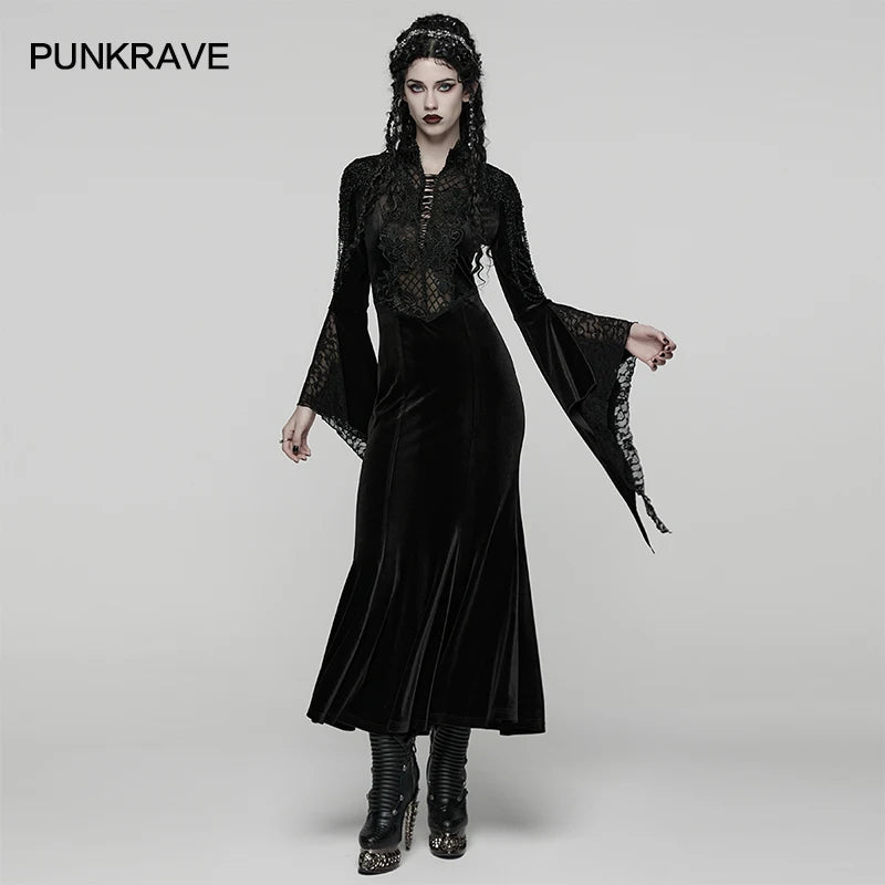 PUNK RAVE Women's Gothic Mother of Night Velvet Dress Double-layered Irregular Flared Sleeves Elegance Mystery Party Dresses