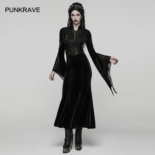 PUNK RAVE Women's Gothic Mother of Night Velvet Dress Double-layered Irregular Flared Sleeves Elegance Mystery Party Dresses