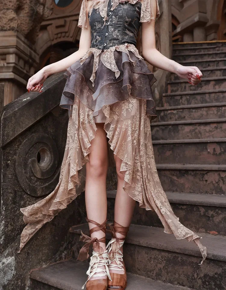 Blood Supply Original Gothic Autumn Yellow Dead Leaves Asymmetric Skirt Organza Tie-dyed Lace High Slit Long Skirt