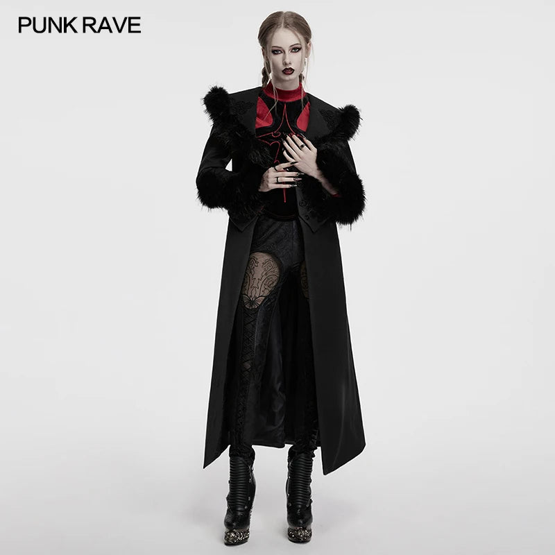 PUNK RAVE Women's Detachable Fur Collar & Hem Two-piece Jacket Gothic Atmosphere Adjustable Waist Long Coat Fall Winter