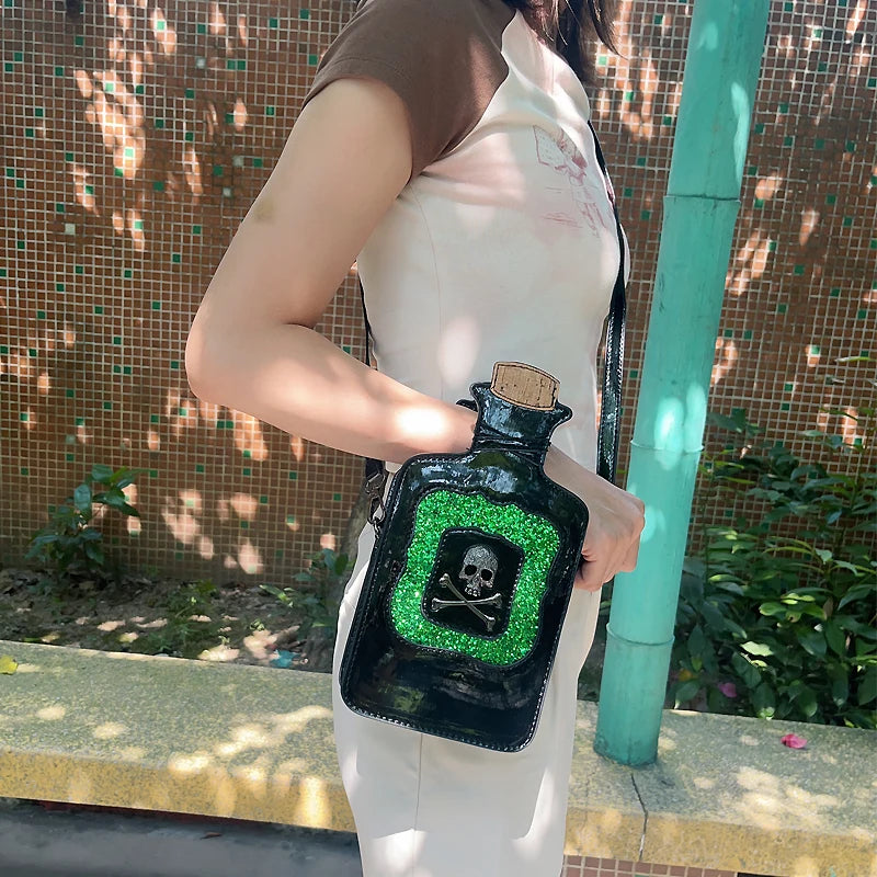 Gothic Kitsch Poison Bottle Shaped Handbag and Purse for Women Dark Lolita Skull Decoration Punk Goth Style Girls Shoulder Bags