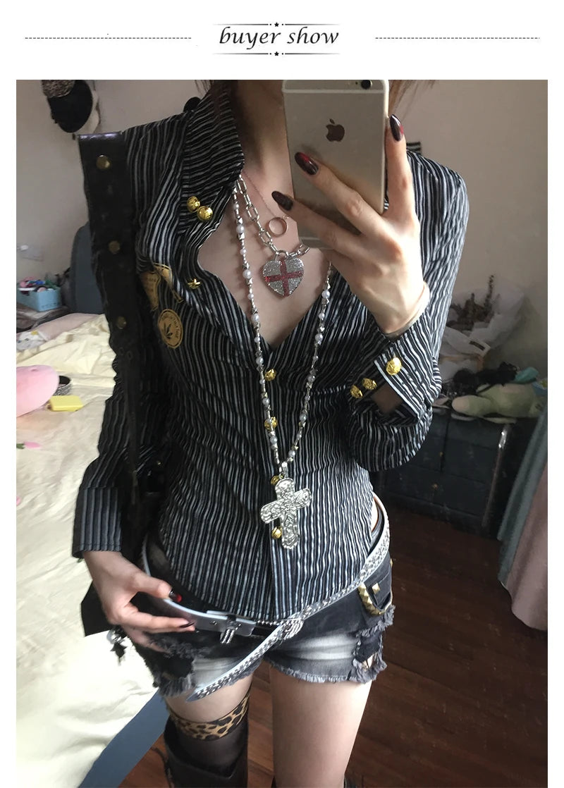 Karrcat Grunge Aesthetics Gold Foil Print Shirt Vintage Y2k V-neck Striped Shirt Trashy 2000s Style Slim Blouses Harajuku Retro