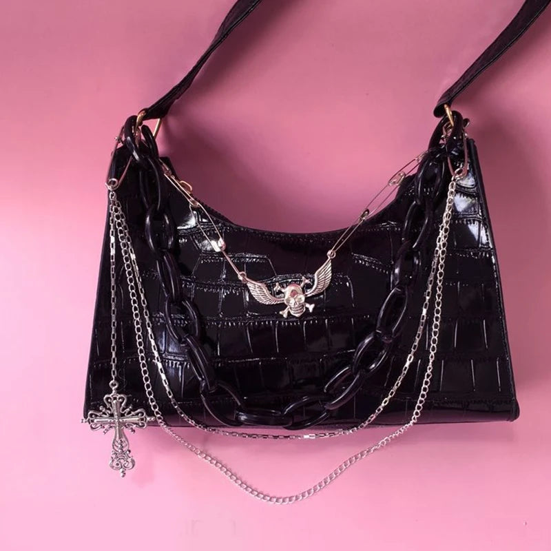 Gothic Dark Punk Underarm Bag With Skull Shoulder Bag Y2k Chain Crocodile Pattern Crossbody Bag Korean Popular Aesthetic Bags