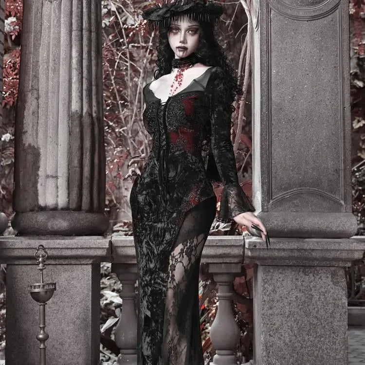 Blood Supply Original Design Vampire Black Red Dress Lace Patch Gothic Velvet Trumpet Long Sleeve X-Long Dress Halloween