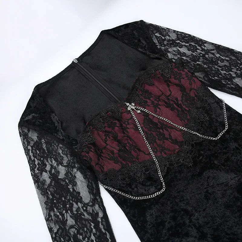 Goth Dark Elegant Mall Gothic Women Evening Dresses Grunge Aesthetic E-girl Velvet Midi Dress Lace Splice Sexy Split Alt Outfits