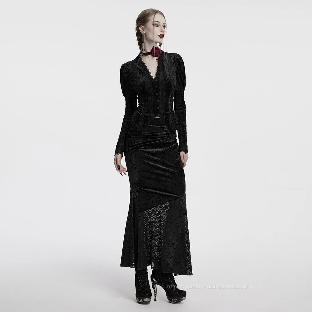 PUNK RAVE Women's Lace Embroidered Velvet Classic Gigot Sleeves Shirt  Retro Layering Adjustable Rope Sexy Slim Tops Coven Couture Collective