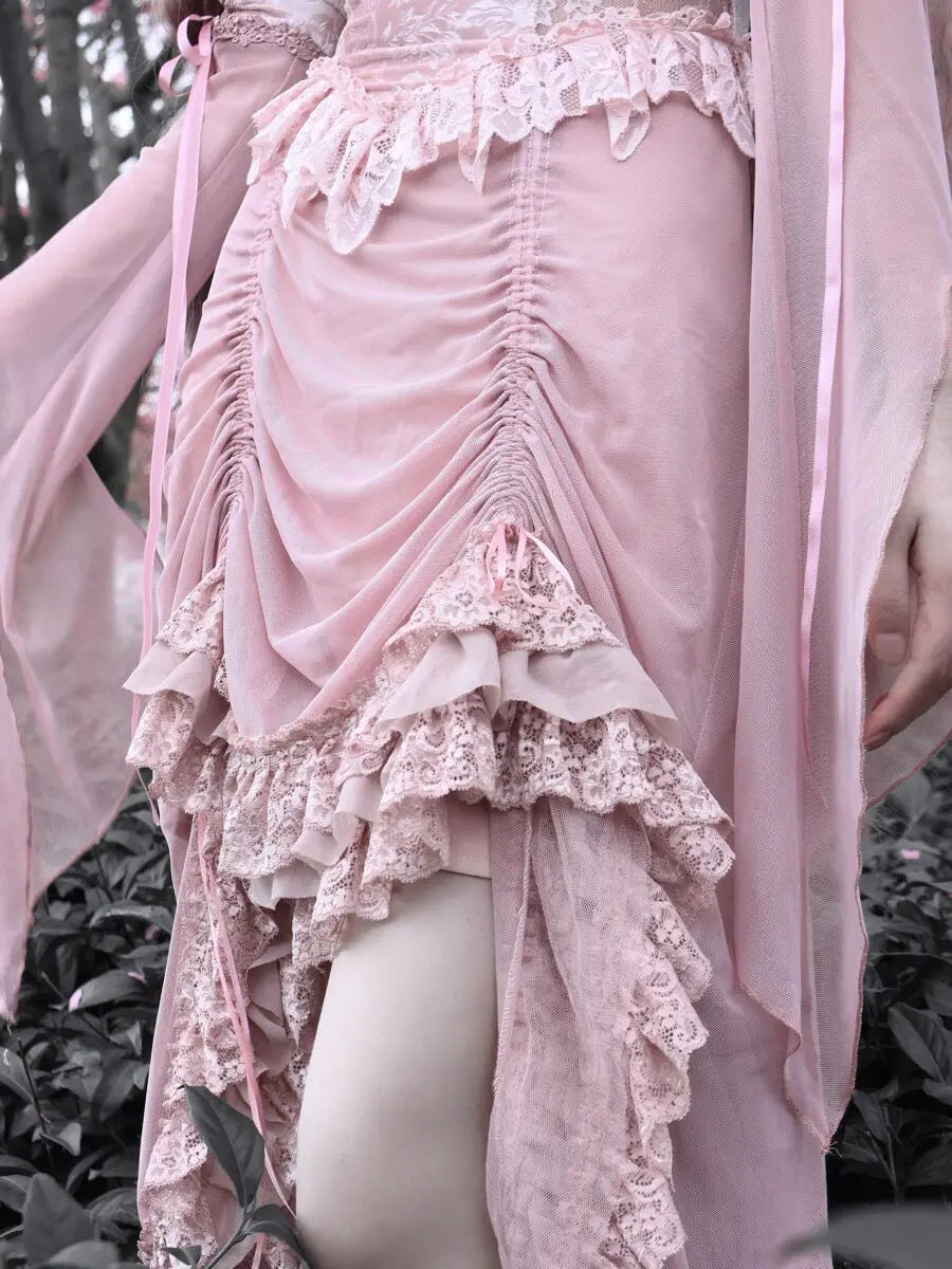 Blood Supply Original Pink Light Lolita Summer Dress Drawstring Asymmetric Slip Dress Lace Fly Sleeve Mesh Fairy Gothic Dress