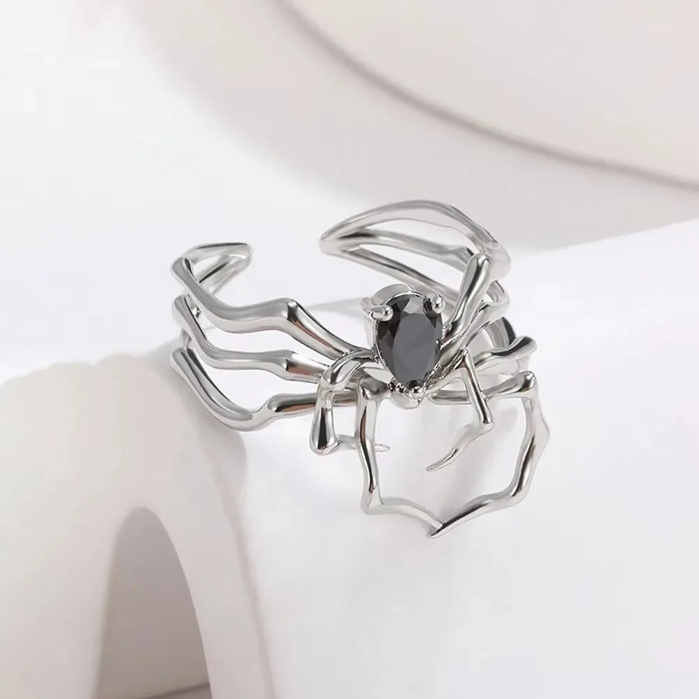 Punk Spider Rings for Women Silver Color Dark Retro Black Gem Spider Ring Hip-Hop Halloween Jewelry Accessories